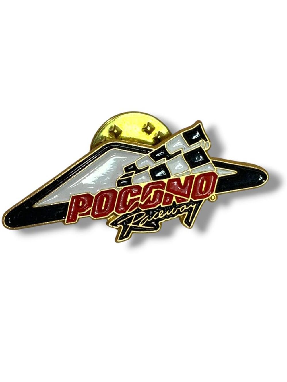 Lapel Pin 1.5" Pocono Raceway Flag Triangle Goldtone